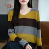 Women's V-Neck Striped Knit Sweater - Long Sleeve, Slimming, Loose Fit for Autumn