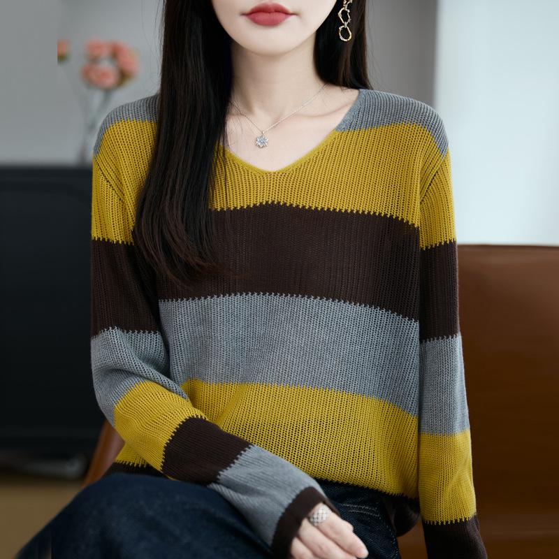 Women's V-Neck Striped Knit Sweater - Long Sleeve, Slimming, Loose Fit for Autumn