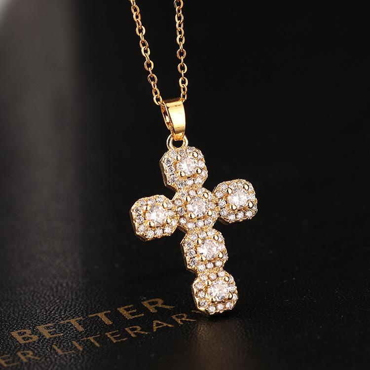 Fashion Classic Gold Plated Cross Necklace for Women European and American Charm Micro Stone Stainless Steel Pendant Jewelry