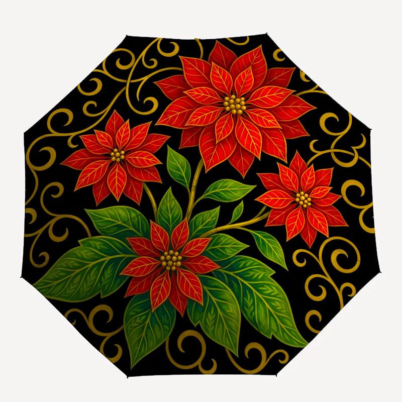 

1pc Floral Mandala, Red Flowers, Black Background Umbrella with Plastic Handle,Compact & Stylish,Suitable for All Seasons YS331040