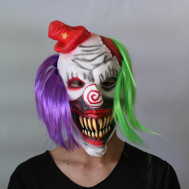 Scary Clown Mask with Purple Green Hair Horror Smile Face Mask Creepy Clown Costume Halloween Huanted House Prop