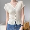 Black Split-ended Knitted Sweater Women's Summer New French Design V-neck Slim-fitting and Thin Hollow Short-sleeved Top