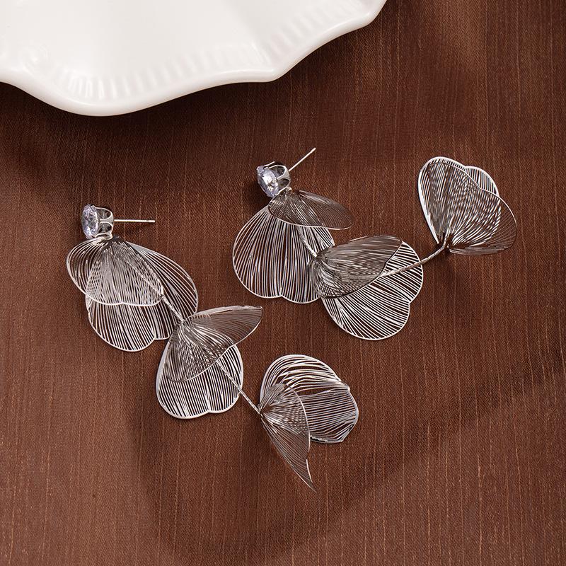 Hollow Metal Zircon Petal Tassel Earrings: 925 Silver Post, High-End Luxury