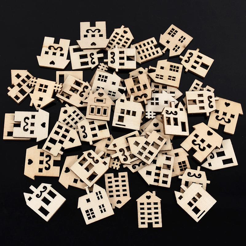 50Pcs Christmas Wooden House DIY Craft Xmas Tree Hanging Ornaments Pendant 2024 Christmas Decoration for Home New Year Kids Gift