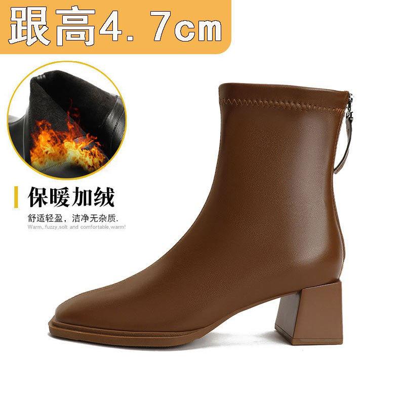 High-heeled short boots women's spring and autumn single boots 2024 autumn and winter new boots medium tube thick heel white bare boots square head th