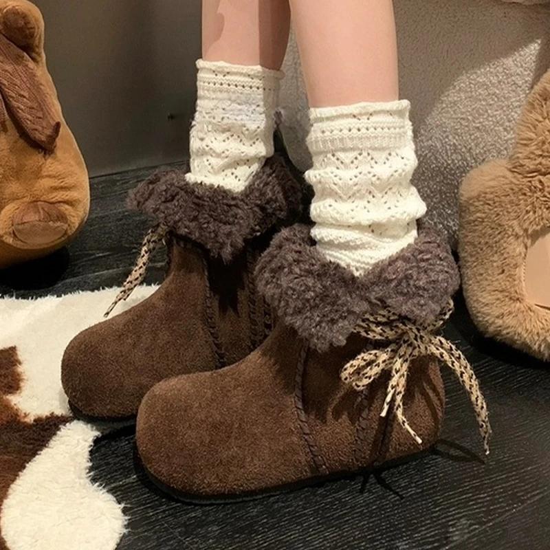

Women s Snow Boots Fur Flats Suede Fad Cotton Shoes for Woman Trend Ankle Boots Winter Warm Cozy Lace Up New Ladies Boots 40 кавовий