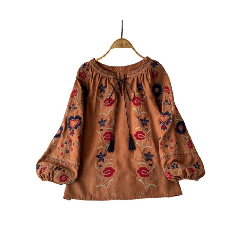 Retro Machine Embroidery Tops Women's 2024 Spring & Fall New V-neck Loose Slimming Lantern Sleeves Ethnic Style Shirt Fashion