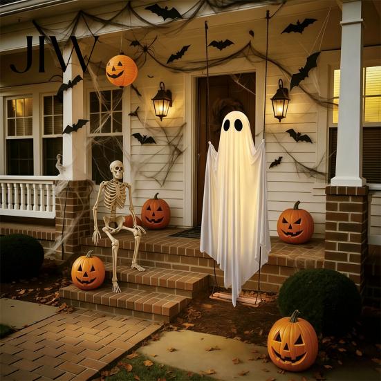 Halloween Holiday Garden Decor Hanging Ghost Swing with String Lights, Glowing Floating Decorative 8 Lighting Modes Ornament for Yard Tree,