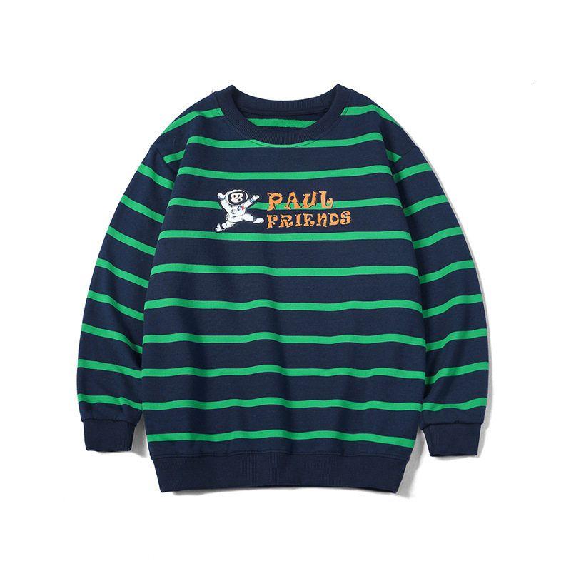 and Autumn Children s Clothing Korean Style Boys  Long-Sleeved Round-Neck Sweatshirt for Older Children Striped Casual Base Shirt Children s Pullover Green 120 cm