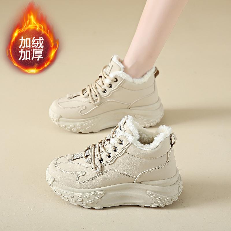 Fleece black sneakers winter new leather shoes are not tired of casual cotton shoes
