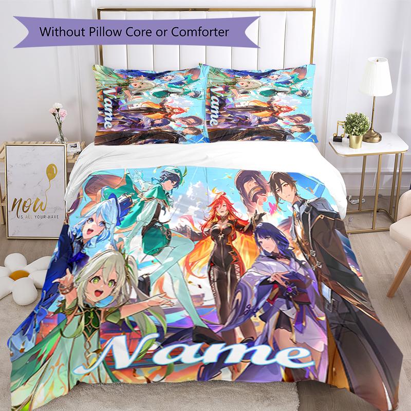 3pcs Custom Name Cartoon Genshin Impact Characters Bedding Set Duvet Cover Closure Includes 1 Duvet Cover & 2 Pillowcases for All Seasons Bedroom Deco