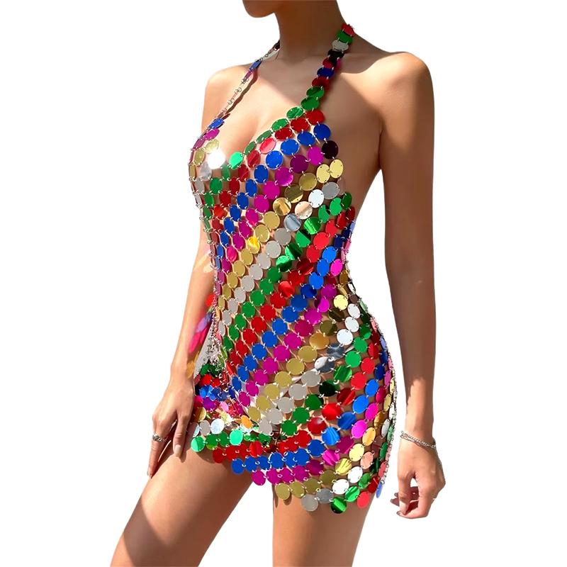 

1 шт. Монтаж Тренд Спідниця-олівець Сексуальна Без рукавів Особистість Металева Спідниця-камісоль з паєтками