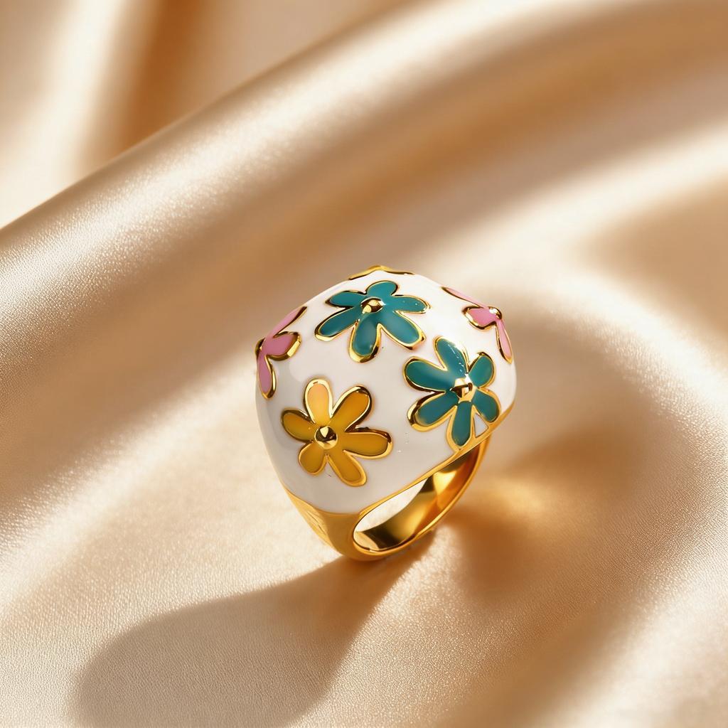 Delicate Retro Colorful Flower Stainless Steel Ring, 18K Gold Plated Chunky Ring for Women, Fashion Personality Jewelry Gifts