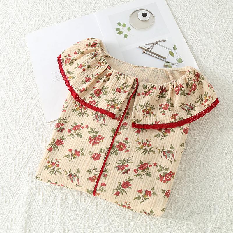 1011 new crepe cotton yarn long-sleeved retro shoulder-plugged nightdress loose large size long-sleeved trousers homewear