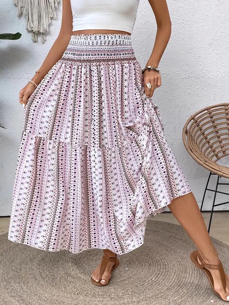2025 Spring/Summer Women's Casual Midi Skirt - Comfortable Beach Print
