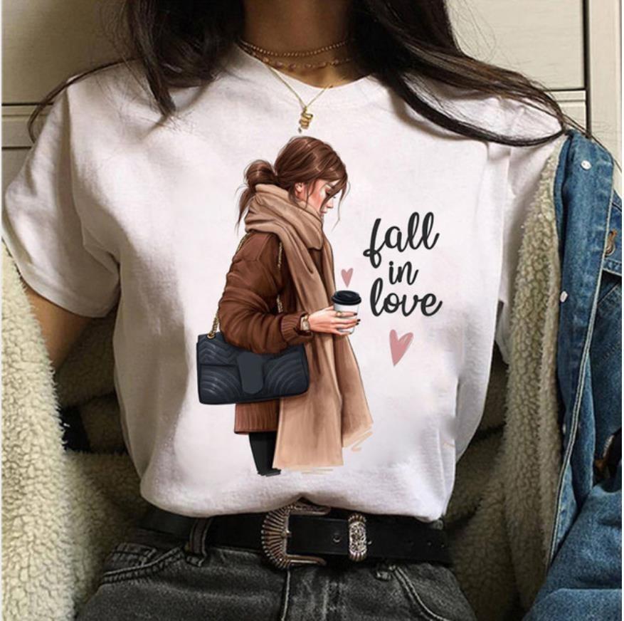 Fashionable Womens Coffee Printed White Tshirt Casual Short Sleeved Suitable for Daily Casual Versatile Home Clothes Top