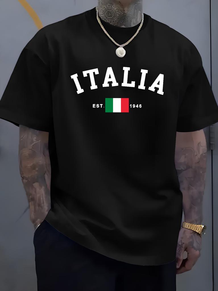 Unisex O Neck Tee Italia Italy Flag Est 1946 Letter Print Cotton Short Sleeve Loose Summer Breathable Daily Casual Basic Wear Top