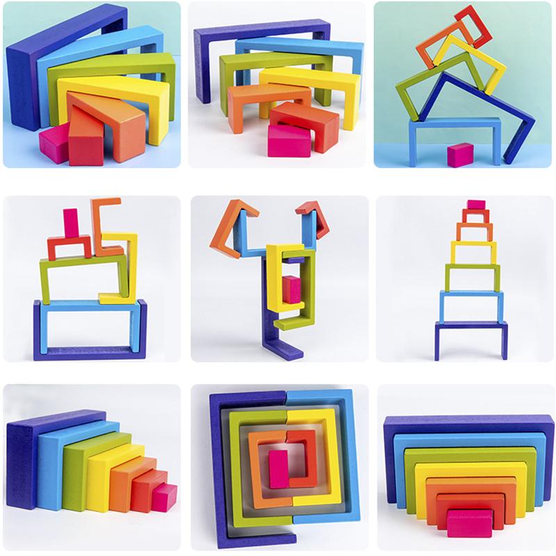 Wooden Toys DIY Assembled House Rainbow Building Blocks Set Children Montessori Early Learning Stacked Balance Educational Toys