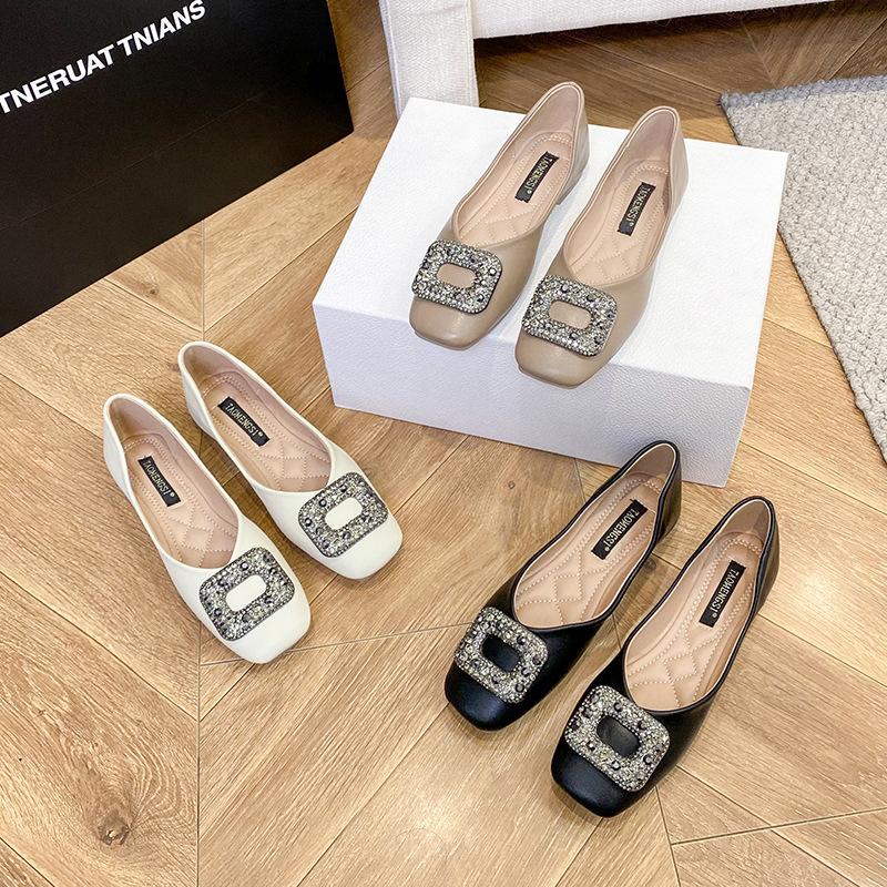 5612025 Women's Shoes Low-heeled Shoes Women's High-end Square Buckle Diamond Single Shoes Women's Commuter Flats