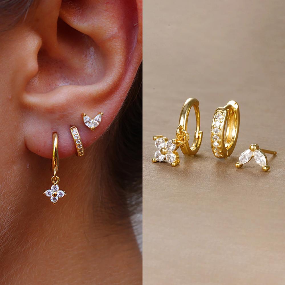 3PCS Trendy Stainless Steel Flower Drop Earring Set For Women Crystal Zirconia Dangle Earring Hypoallerg Piercing Jewelry Aretes