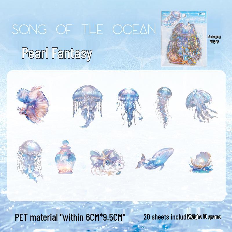 Yuxian Seashell Light Gold PET Sticker Pack: Crystal Tide Series - 20 Pieces, 4 Styles, Jellyfish Collage Material.