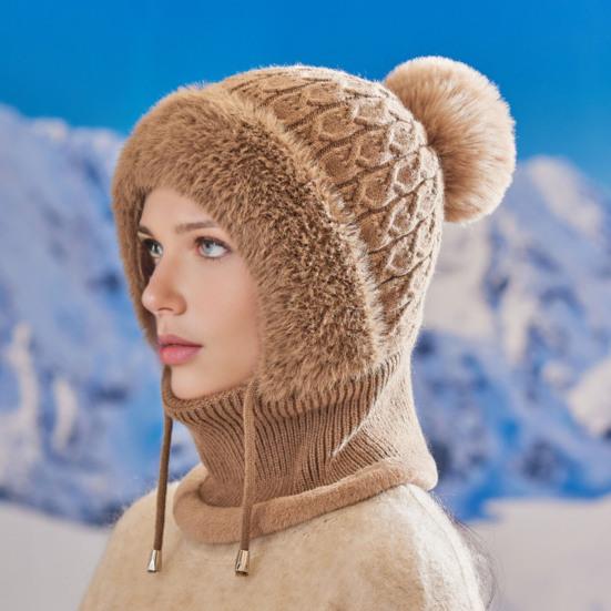 Knitting Hat Women Windproof Insulated Design Winter Hat with Plush Ball Unique Texture 3-in-1 Thickened Hat Face Guard Scarf