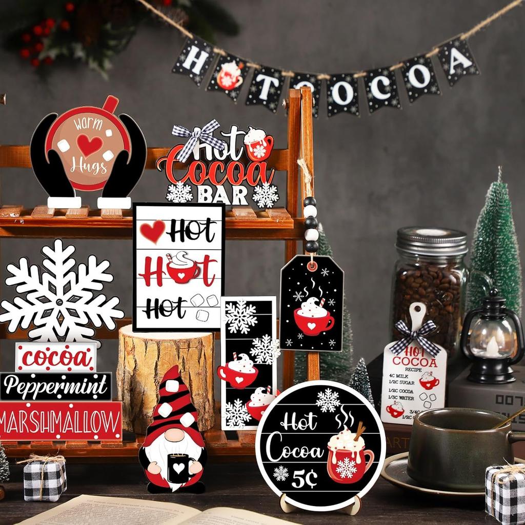 17 Pcs/set, Christmas, Tiered Tray Decorations, Hot Cocoa Bar Supplies, Christmas Signs, Winter Tiered Tray, Decorative Set