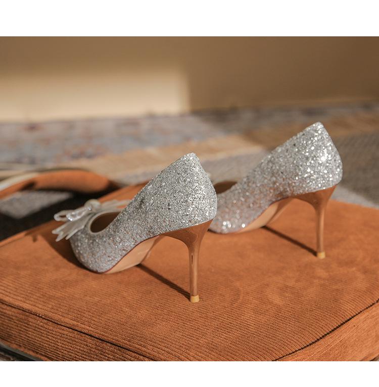 Champagne Gold Crystal Bow High Heels for Women - Elegant French Niche Bridal Shoes