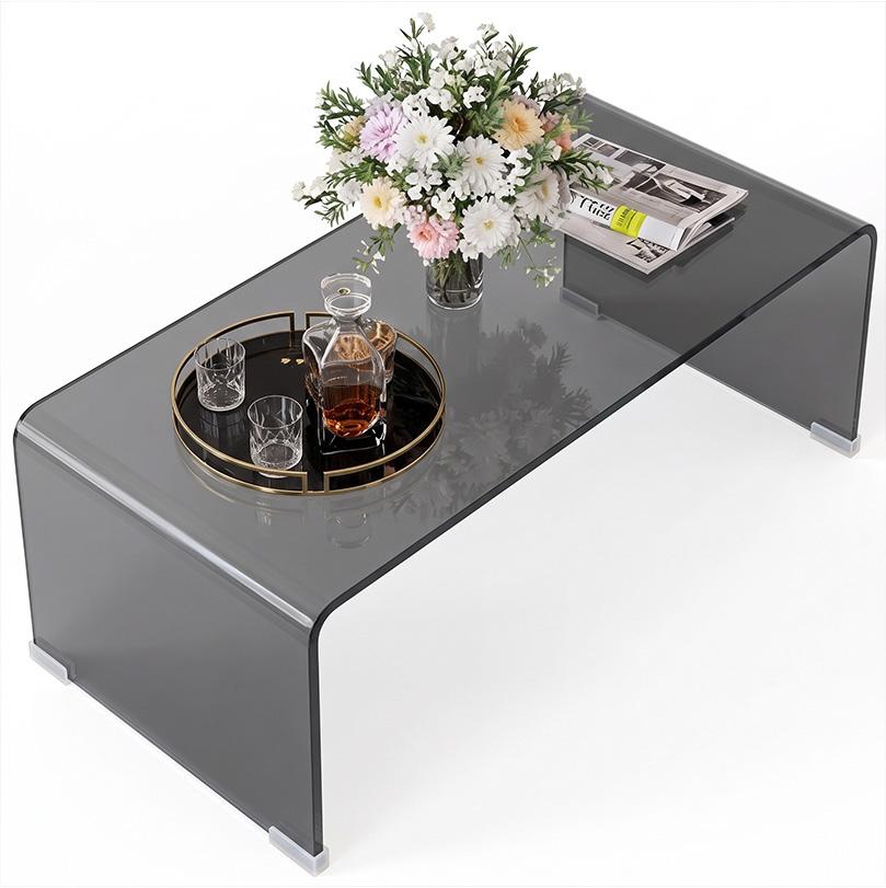 Glass Coffee Table, Rectangular, Rounded Edges, Light Gray Transparent