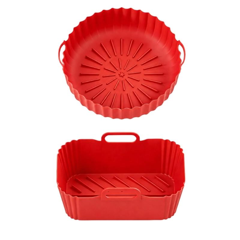 Round and Square Cooking Basket Trays in Reusable Silicone with Grip Handle Design and Crumb Collecting Base Pair