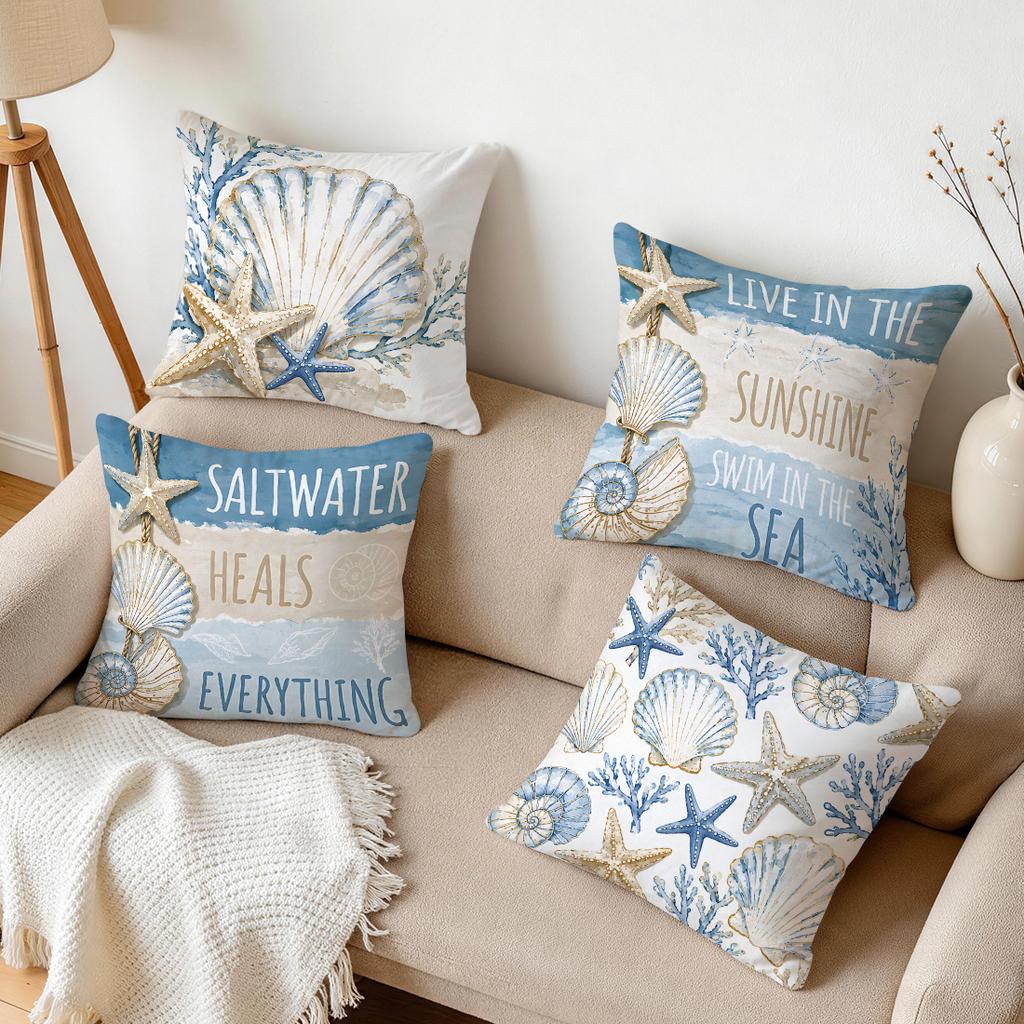 Pcs Blue Gold Shell Text Design Singlesided Printed Pillowcase Cushion Coversuitable For Living Roombedroomcar Decoration