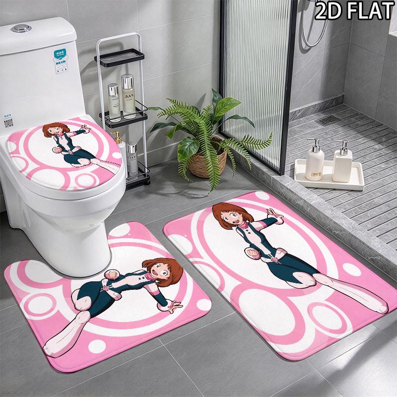 3pcs Ochaco Uraraka Pattern Flannel Nonslip Absorbent Washable Decorative Bathroom Home Toilet Seat Cover Mat