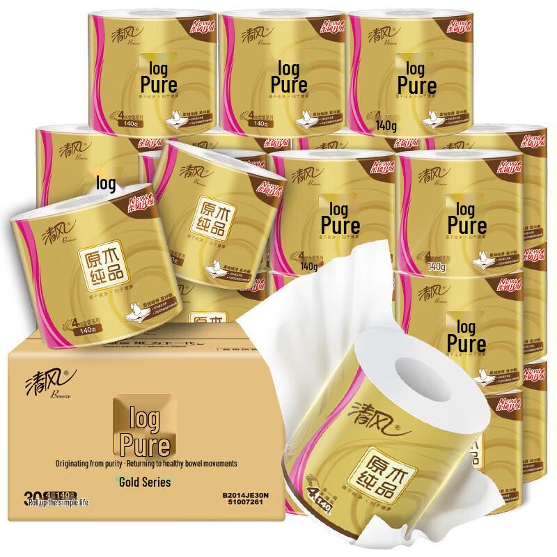 Qingfeng Original Wood 4-Ply Toilet Paper, 30 Rolls