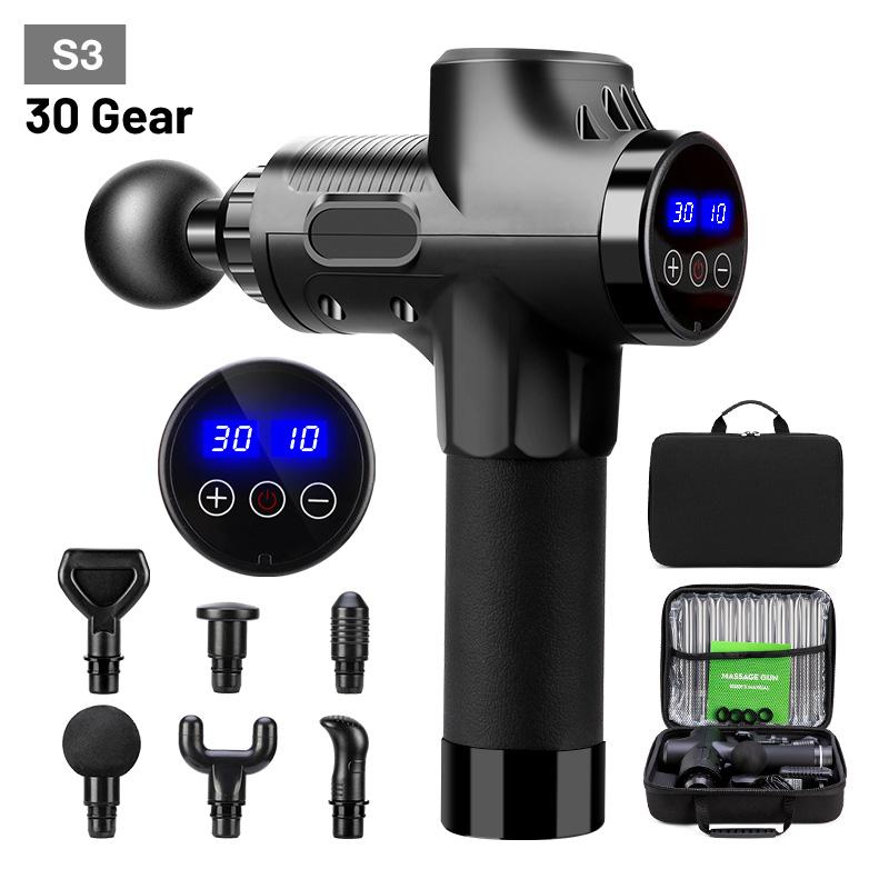 Pistol de masaj 30 viteze 7 capete Masaj pentru dureri de gât Masaj pentru țesuturi profunde pentru mușchi Relax Body Display LCD Fascia Gun cu sac portabil