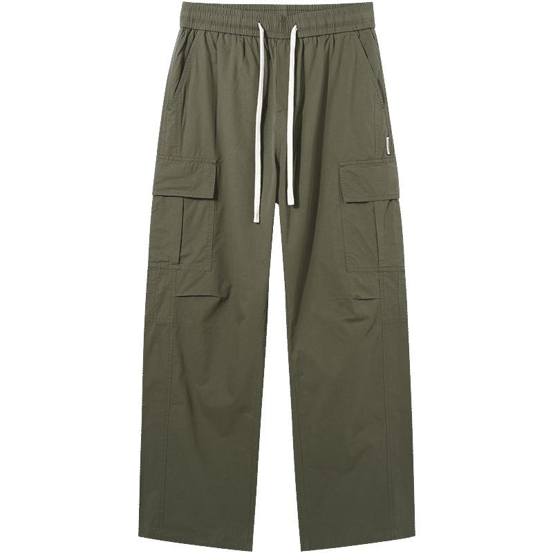 100% cotton workwear outdoor multi bag elastic waist drawstring pure cotton straight leg pants men's casual pants
