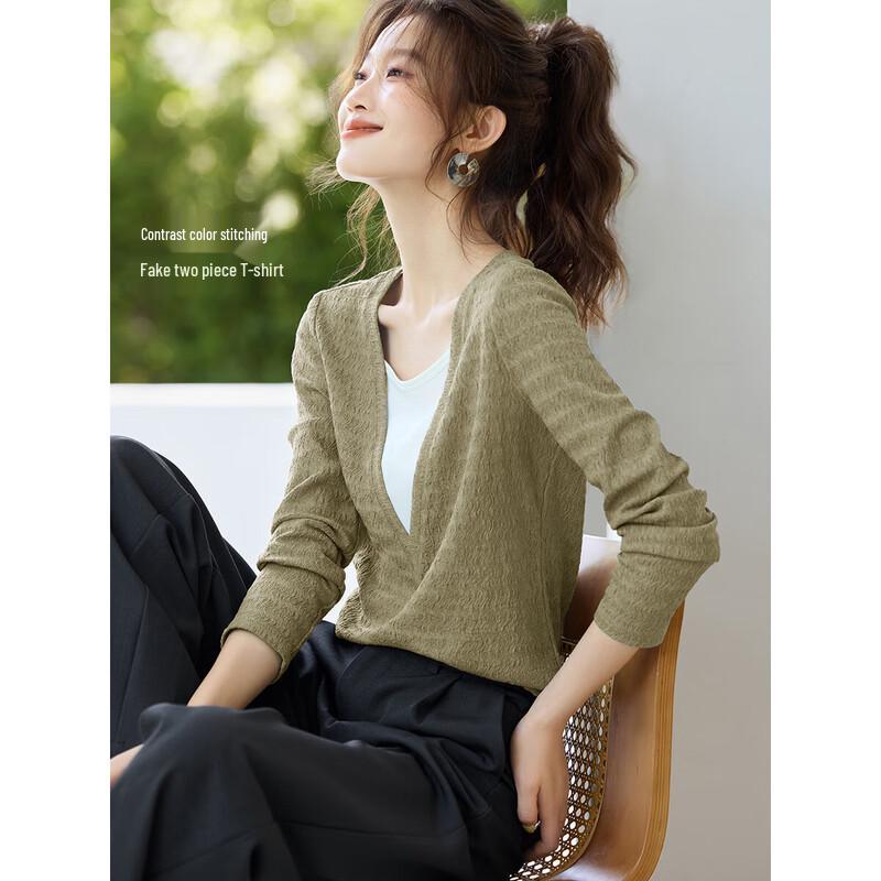 Color-block Faux Two-piece V-neck Long Sleeve T-shirt XL