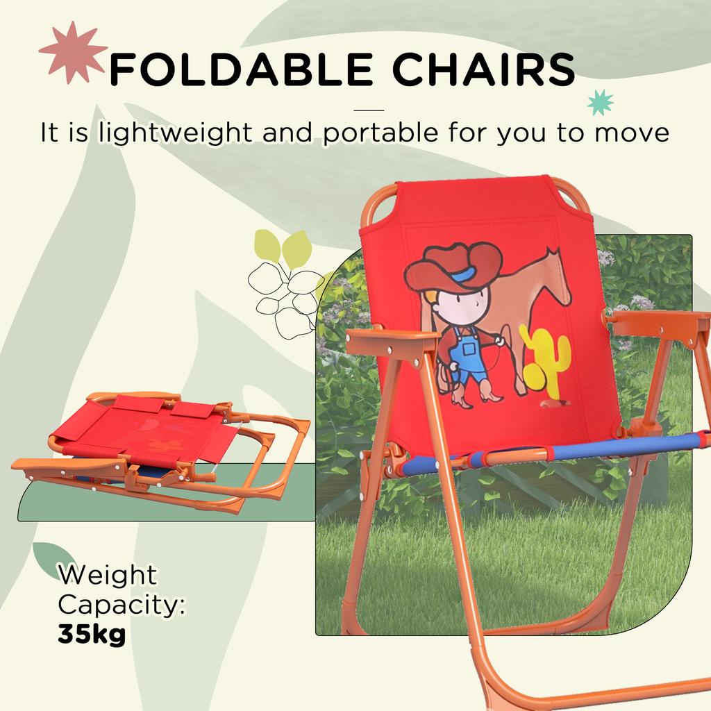 Kids Picnic Table and Chair Set, Cowboy Themed Outdoor Garden Furniture w/ Foldable Chairs, Adjustable Parasol