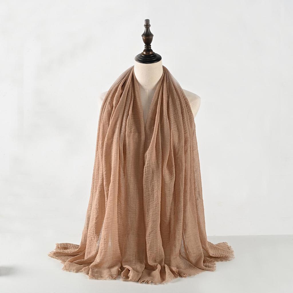 Crinkled Cotton-Linen Blend Scarf with Fringe - Solid Color, 90x180cm, Women's Headscarf