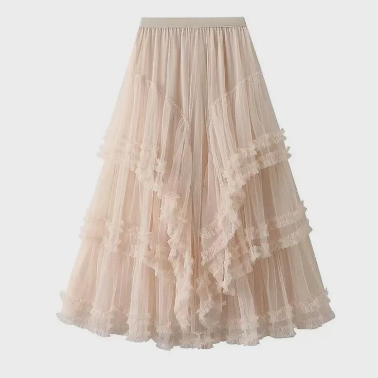 Elegant Multi-Layered Tulle Lace Midi Skirt
