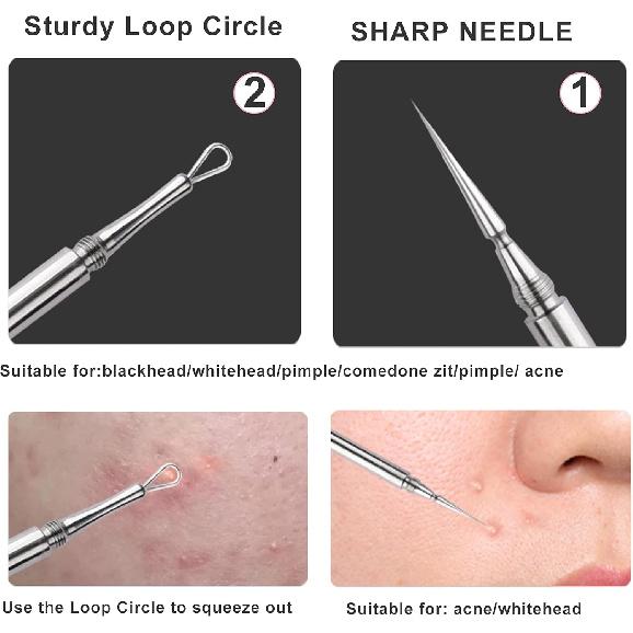 Professional Facial Milia Removal and Whitehead Extractor & Lancet - Double Ended Circle Loop & Sharp Needle Pimple Popper Tool - 2-in-1 Blackhead &