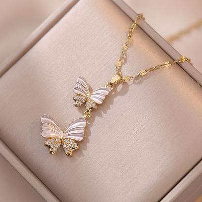 Trendy Double Butterfly Pendant Necklace for Women 2023 New Fashion Gold Color Stainless Steel Chain Jewelry Wedding Party Accessories
