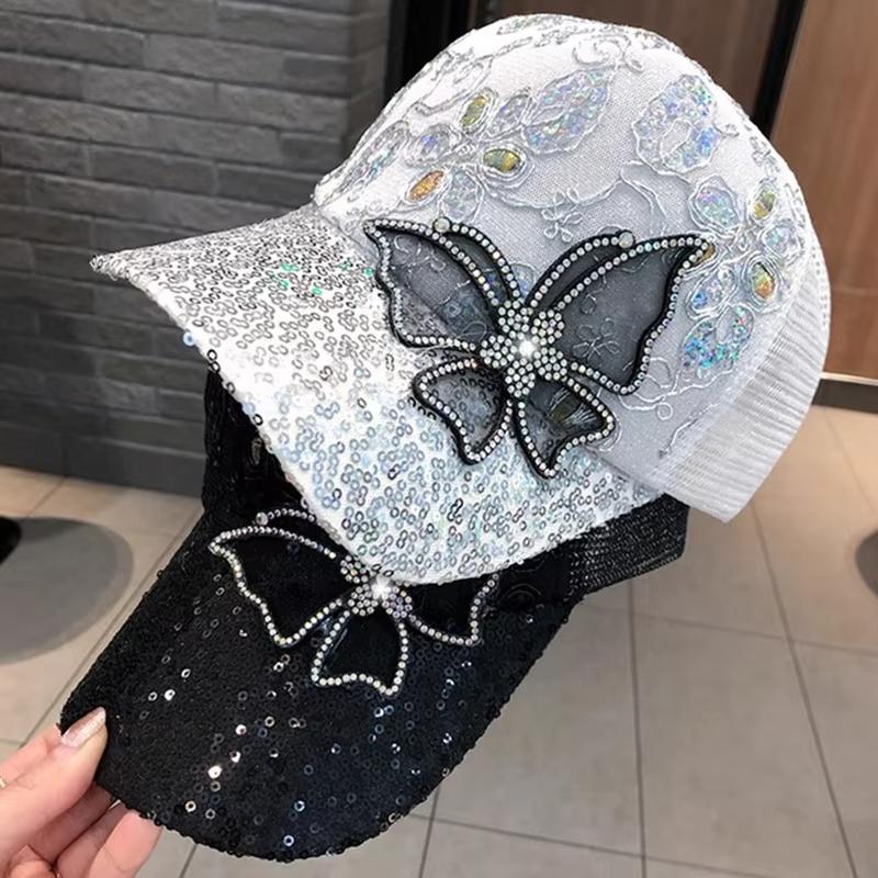 Damen Sommer Glänzende Strass Schmetterling Baseballkappe Mesh Atmungsaktiv Glitzer Pailletten Sonnenschutzhut Lässige Outdoor Visiere Hüte