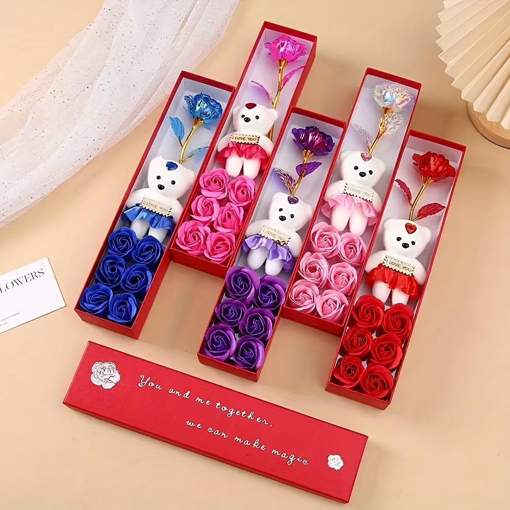 Caixa de Presente Criativa com Urso de Pelúcia e Rosas Artificiais - Ideal para Casamentos, Aniversários e Ocasiões Especiais, Caixa de Presente Romântica|Design Lúdico