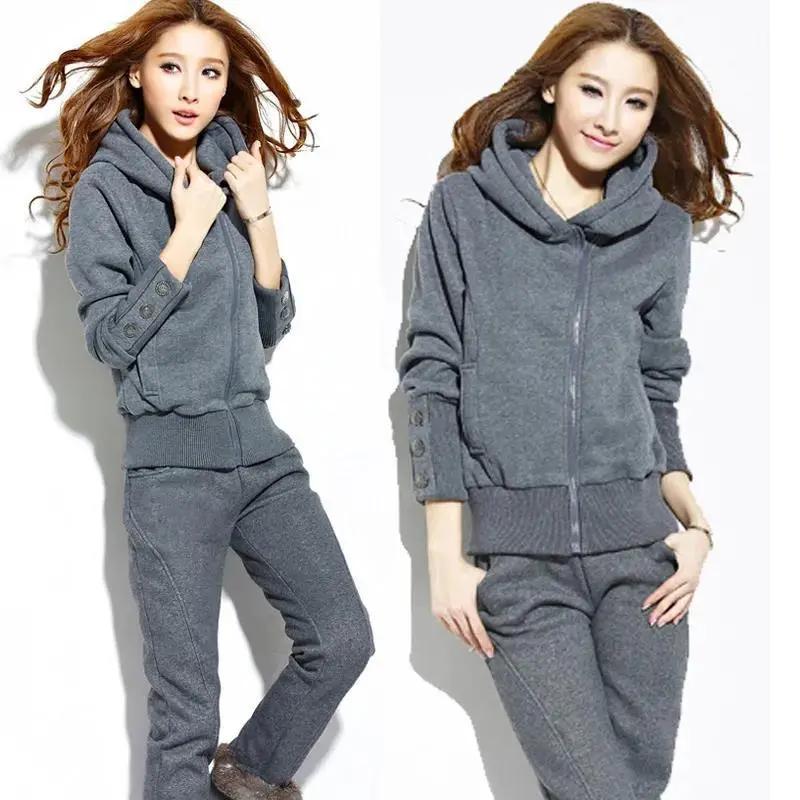 

Женский зимний комплект из 2 предметов с капюшоном, плюшевый тонкий спортивный костюм с высокой талией, мешковатые толстые прямые брюки, корейский размер oversize L серый