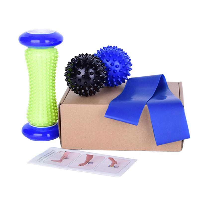 4-delars set Pvc Yogatillbehör med taggar Träningsmassageboll Elastiskt band Ankelrulle Utrustning