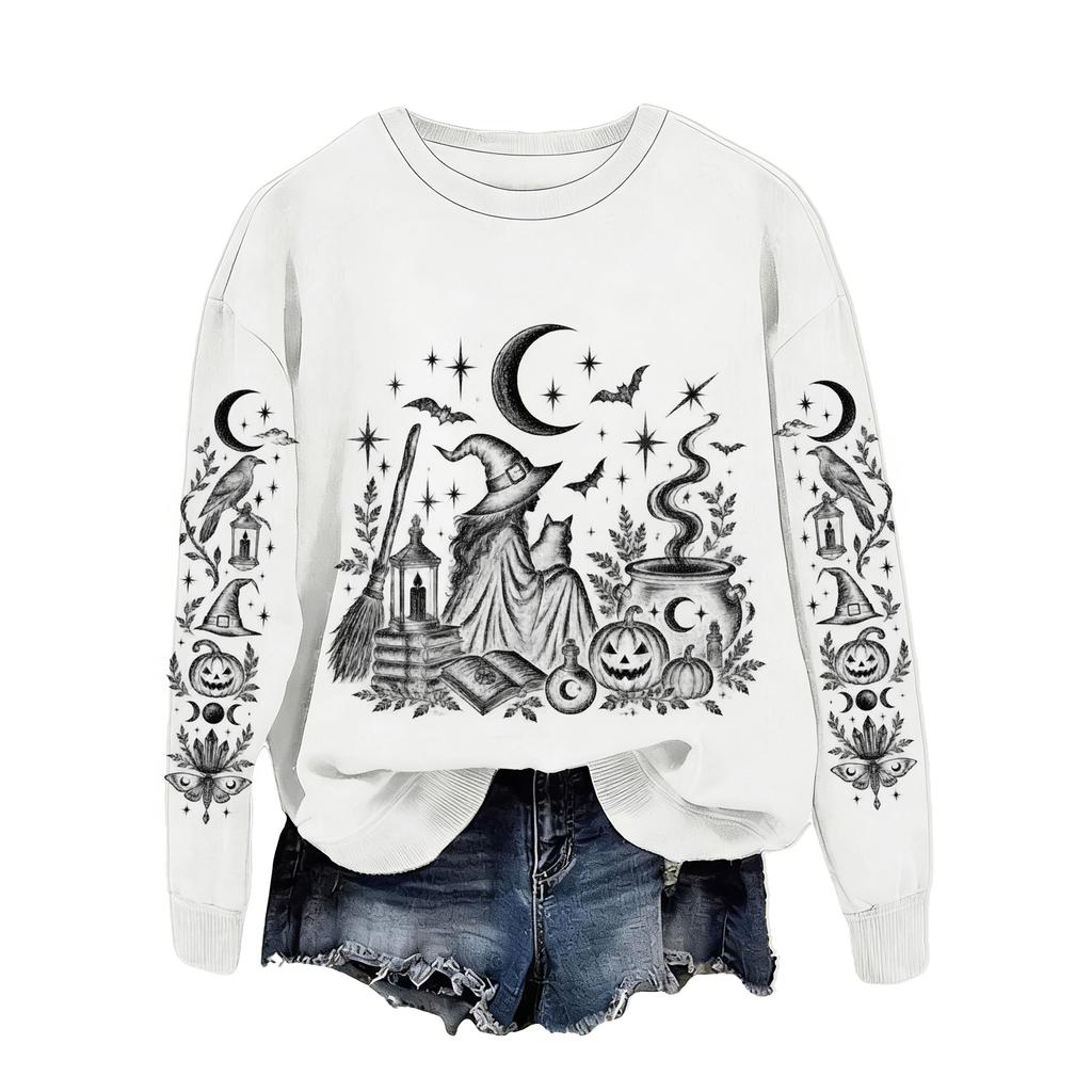 Women's Halloween Print Sweatshirt Loose Fit Casual Pullover Top for Fall and Winter