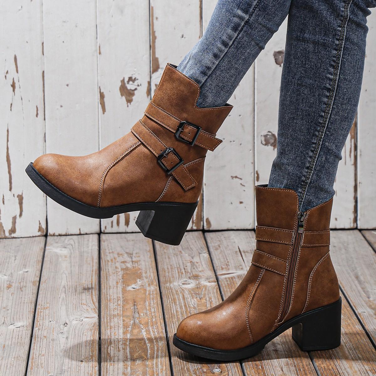 

2025wish независимая станция большой размер толстый каблук ботинки Мартин 2025 весна и осень новые металлическая пряжка короткие женские ботинки 35 коричневый