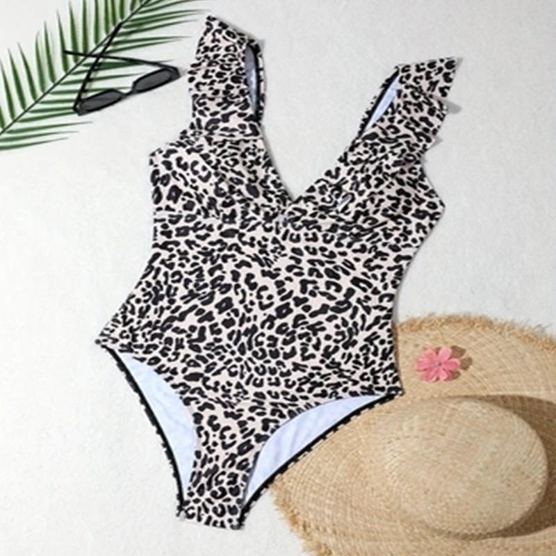 Leopard Print Ruffle Edge Slimming Conservative One-piece Swimsuit Covering Belly Beach Bikini Hot