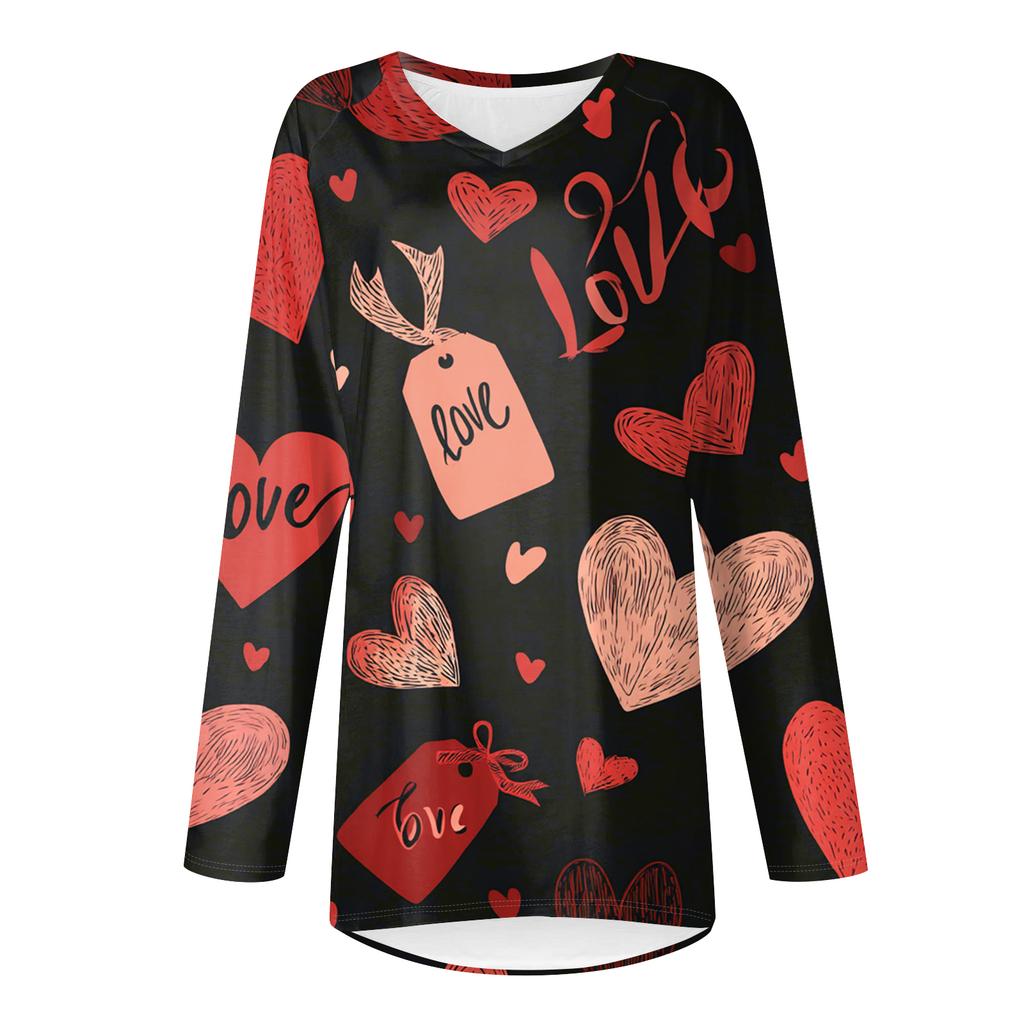 Top Casual alla Moda da Donna a Manica Lunga con Stampa di San Valentino, Scollo a V, Lunghezza Media