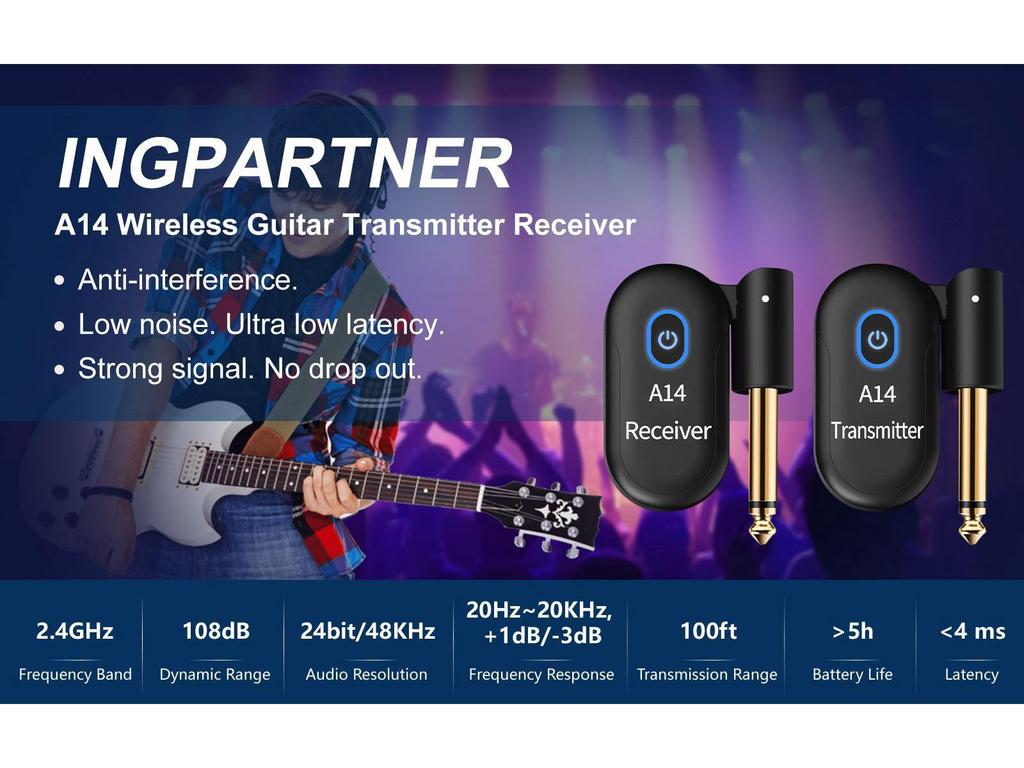 A14 Wireless Guitar Audio Transceiver: Mini Charging Transmitter & Receiver System.